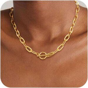 14K Gold Plated Chunky Layered Chain Necklace Sweatproof Non Tarnish Herringbone